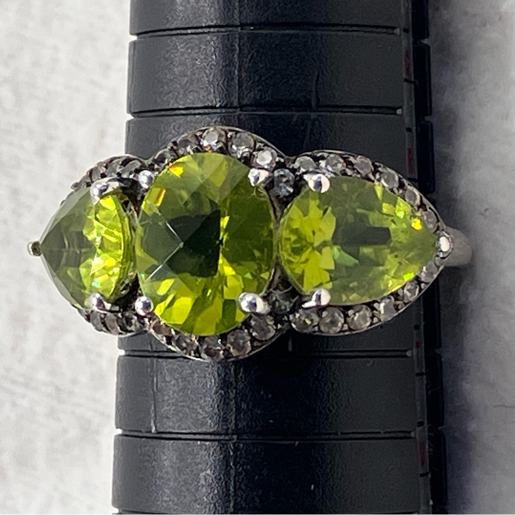 Checker Board Cut Peridot Ring Champagne Zircon In Platinum Over Sterling Silver